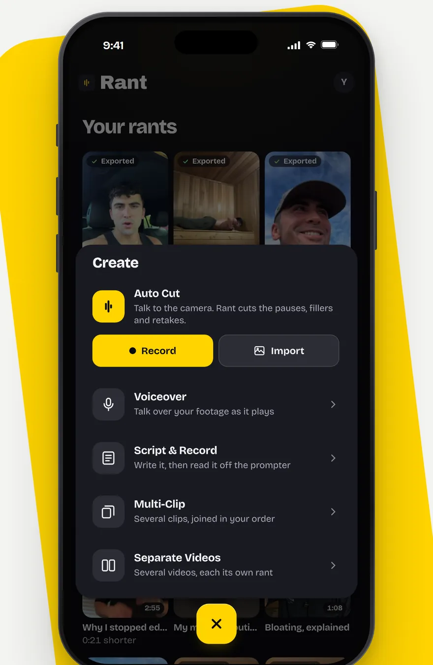 Rant's Create menu: Auto Cut with Record and Import, then Voiceover, Script and Record, Multi-Clip and Separate Videos.