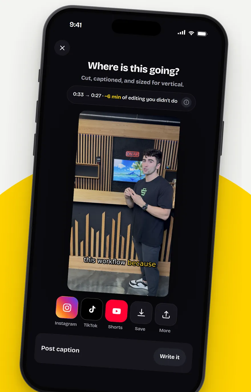 Rant's share screen: the cut video with buttons for Instagram, TikTok, Shorts, Save and More.