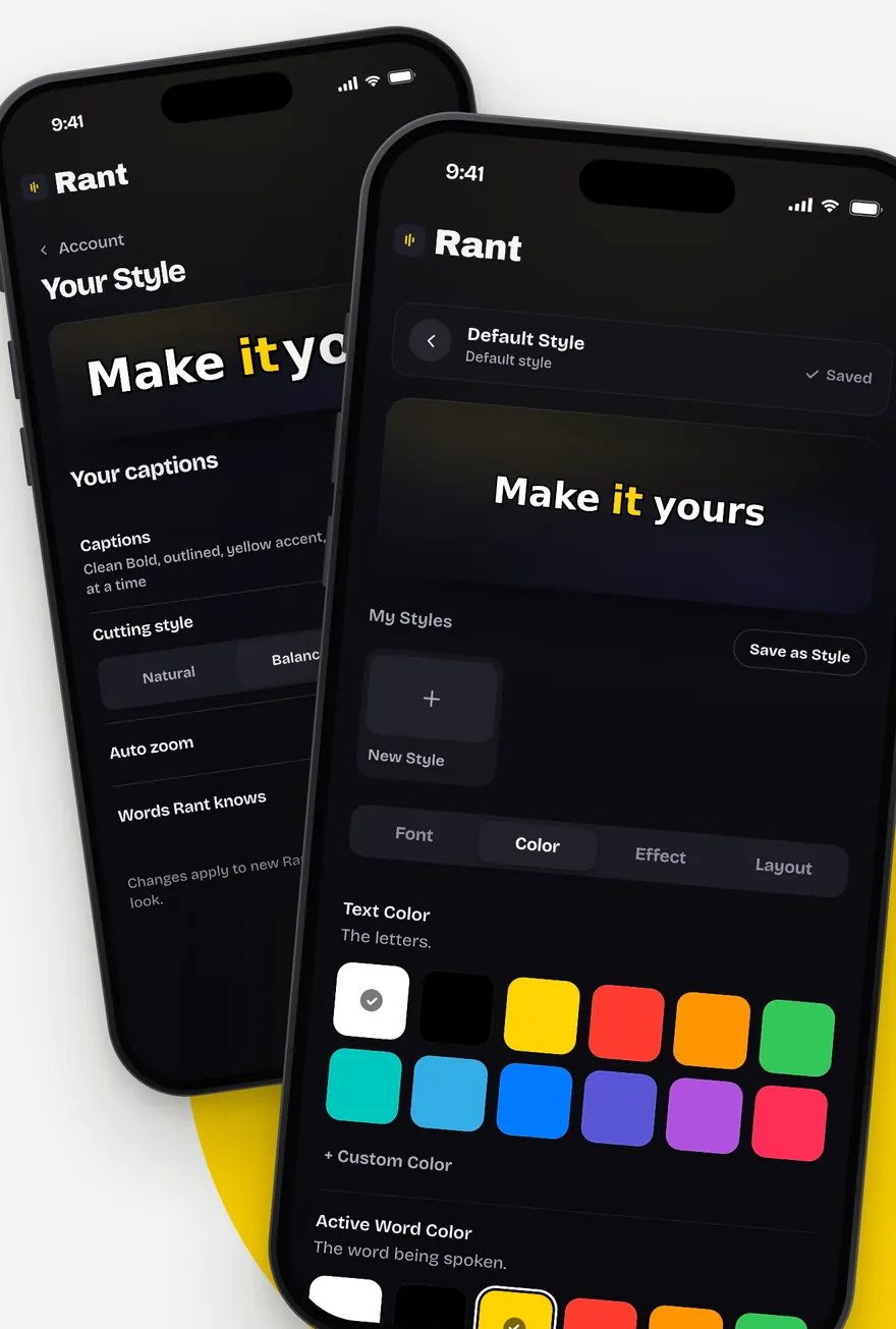 Rant's Your Style screen: caption fonts, text colours and a saved style.