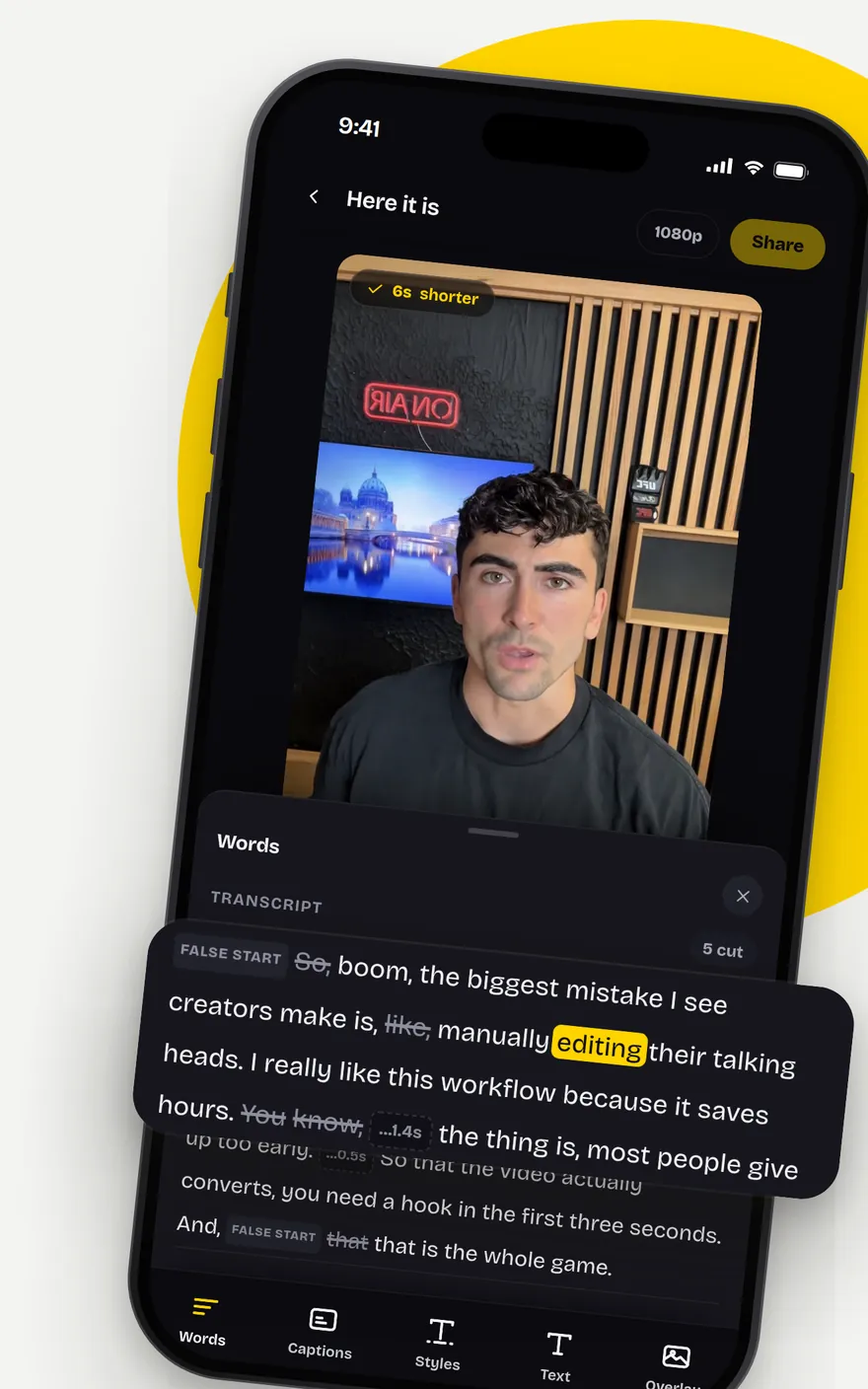 Rant's editor on iPhone: the video above, the transcript below with a false start struck out.